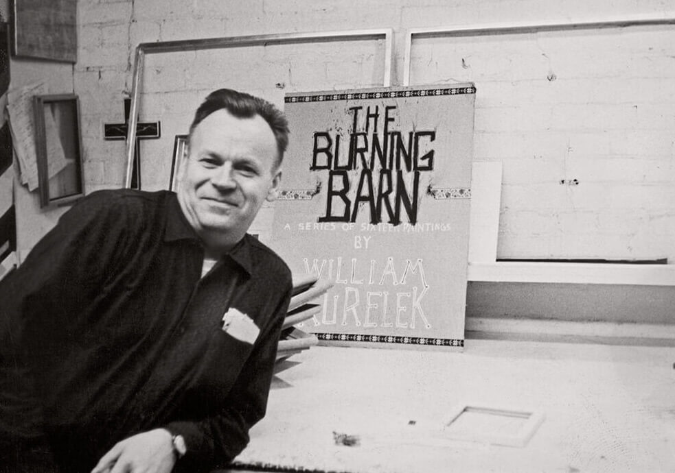 Art Canada Institute, William Kurelek, William Kurelek with the sign he created for his exhibition The Burning Barn, 1969