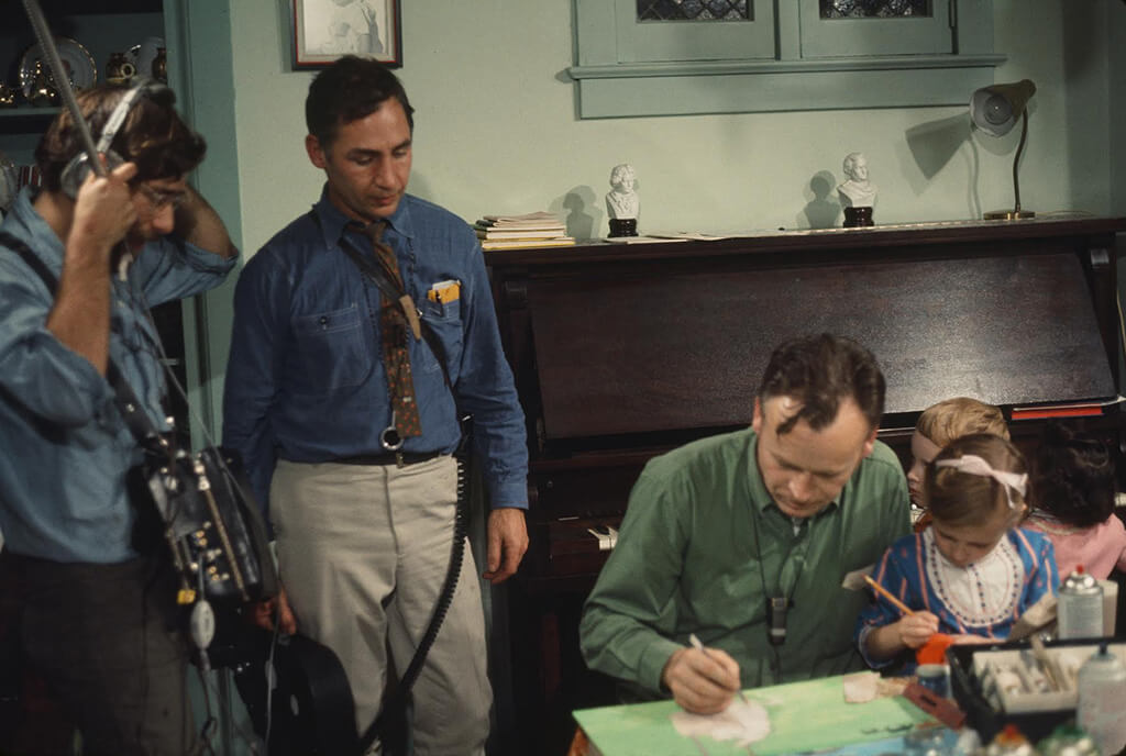 Art Canada Institute, William Kurelek, David Grubin and Robert M. Young with William Kurelek and his children during the making of the documentary The Maze, 1969.