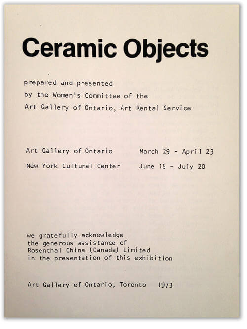 Art Canada Institute's Living History: Jeanne Parkin. Title page of Ceramic Objects (1973), curated by Parkin.