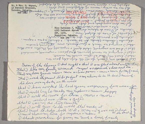 Sur une enveloppe datée du 28 mai 1974, Kathleen Munn énumère « certaines choses que j’ai bien faites et ma pensée d’aujourd'hui », documents de la famille Munn.