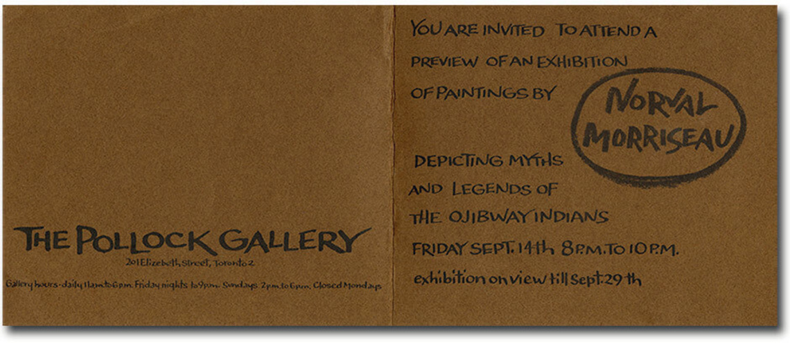 Invitation to Norval Morrisseau’s first solo exhibition, held at Pollock Gallery in 1962.
