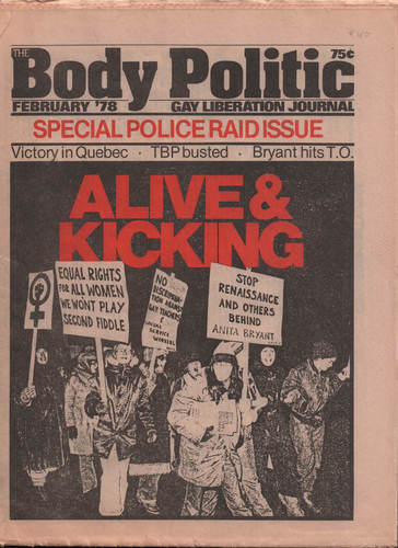 Couverture du numéro spécial du magazine The Body Politic intitulé Special Police Raid Issue février 1978