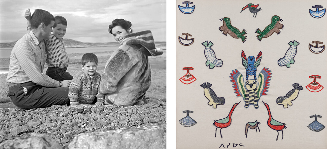 Institut de l'art canadien, photo de la famille Houston, v. 1960 et Pitseolak Ashoona, Sans titre, v. 1960, broderie sur tissu de laine