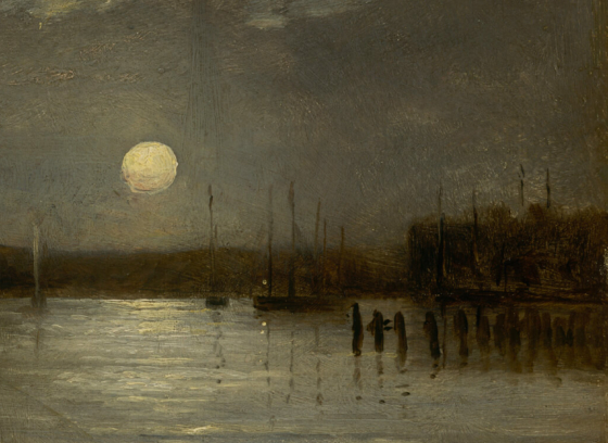 Untitled (moon over a harbor, wharf scene with full moon and masts of boats)