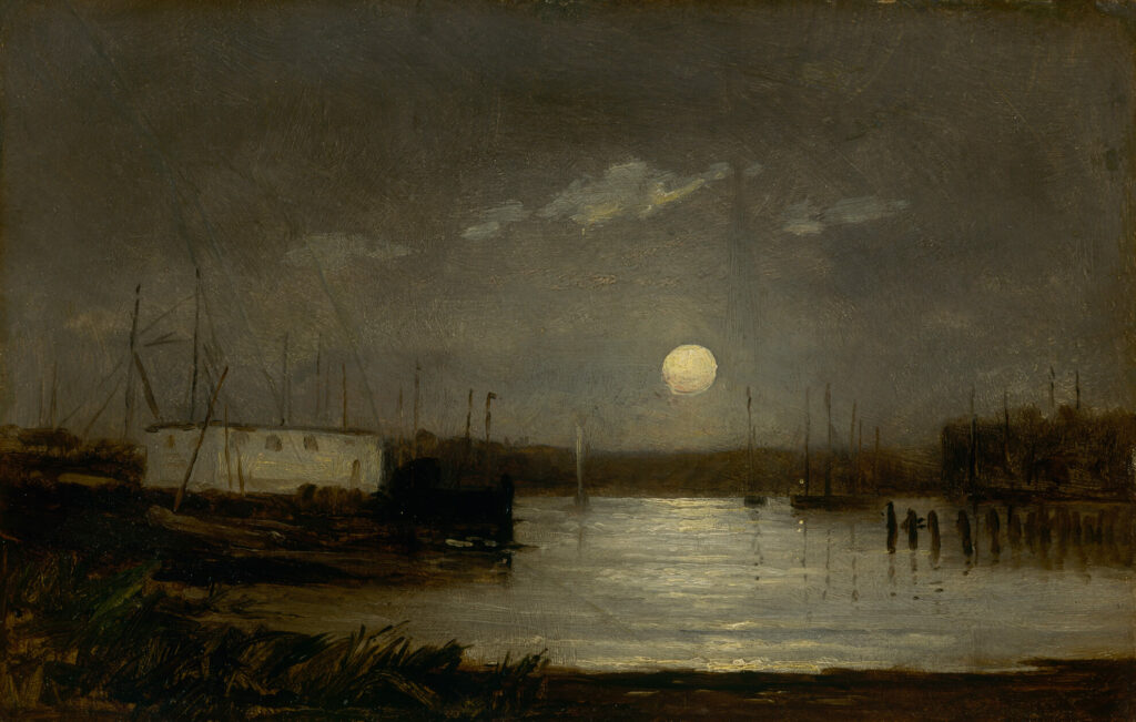 Sans titre [lune au-dessus d’un port, scène avec un quai et des mâts de bateaux sous une pleine lune]