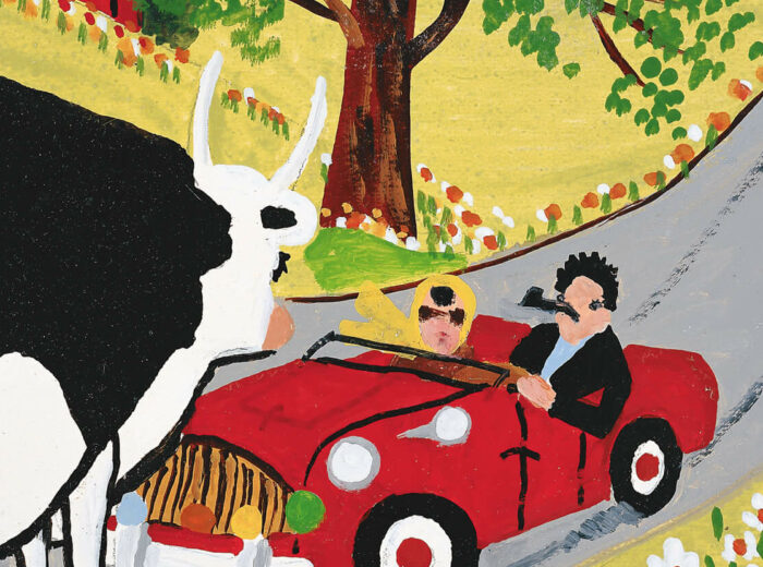 Cabriolet décapotable et vache, vers les années 1960