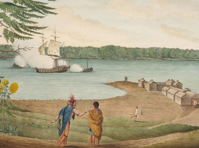 Vue du fort La Galette, poste indien, et de la prise d'un vaisseau de guerre français sur le Saint-Laurent, par quatre bateaux d'un canon chacun, sous les ordres du capitaine Streachy de la Royal Artillery