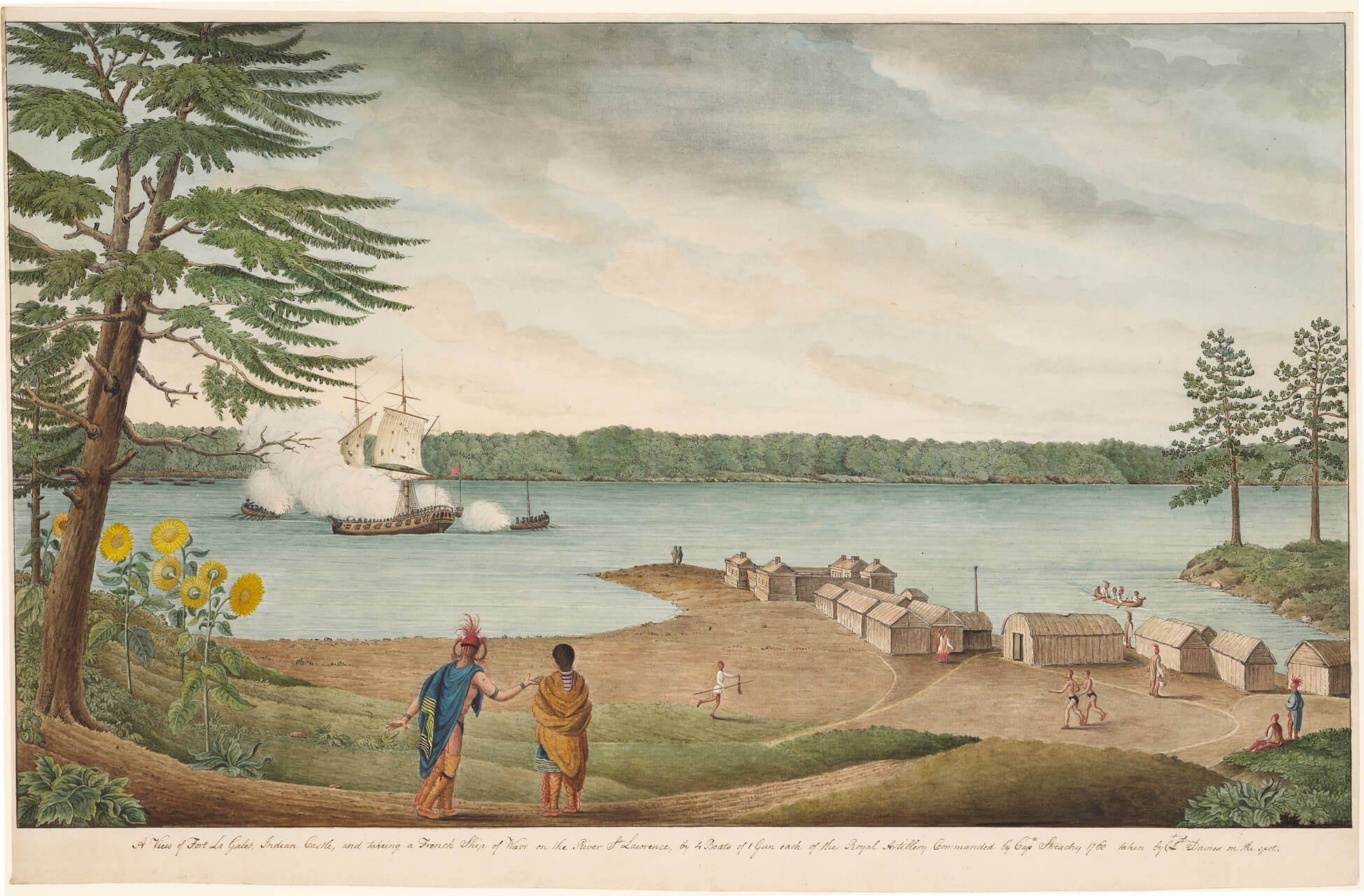 Vue du fort La Galette, poste indien, et de la prise d'un vaisseau de guerre français sur le Saint-Laurent, par quatre bateaux d'un canon chacun, sous les ordres du capitaine Streachy de la Royal Artillery