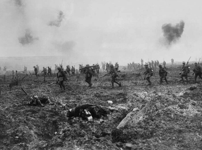 29th Infantry Battalion advancing over “No Man’s Land” through the German barbed wire and heavy fire during the Battle of Vimy Ridge