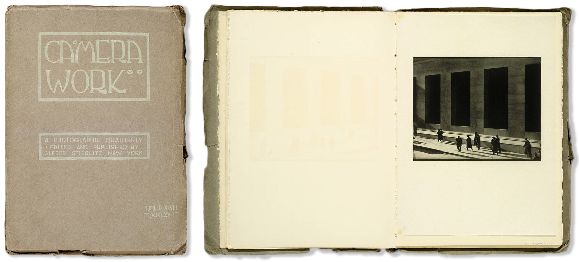 Left: Cover of Camera Work: A Photographic Quarterly, no. 48 (October 1916), published and edited by Alfred Stieglitz, Victoria & Albert Museum, London, U.K. Right: Spread from Camera Work: A Photographic Quarterly, no. 48 (October 1916), featuring Paul Strand, <em>New York</em>, 1916, Victoria & Albert Museum, London.