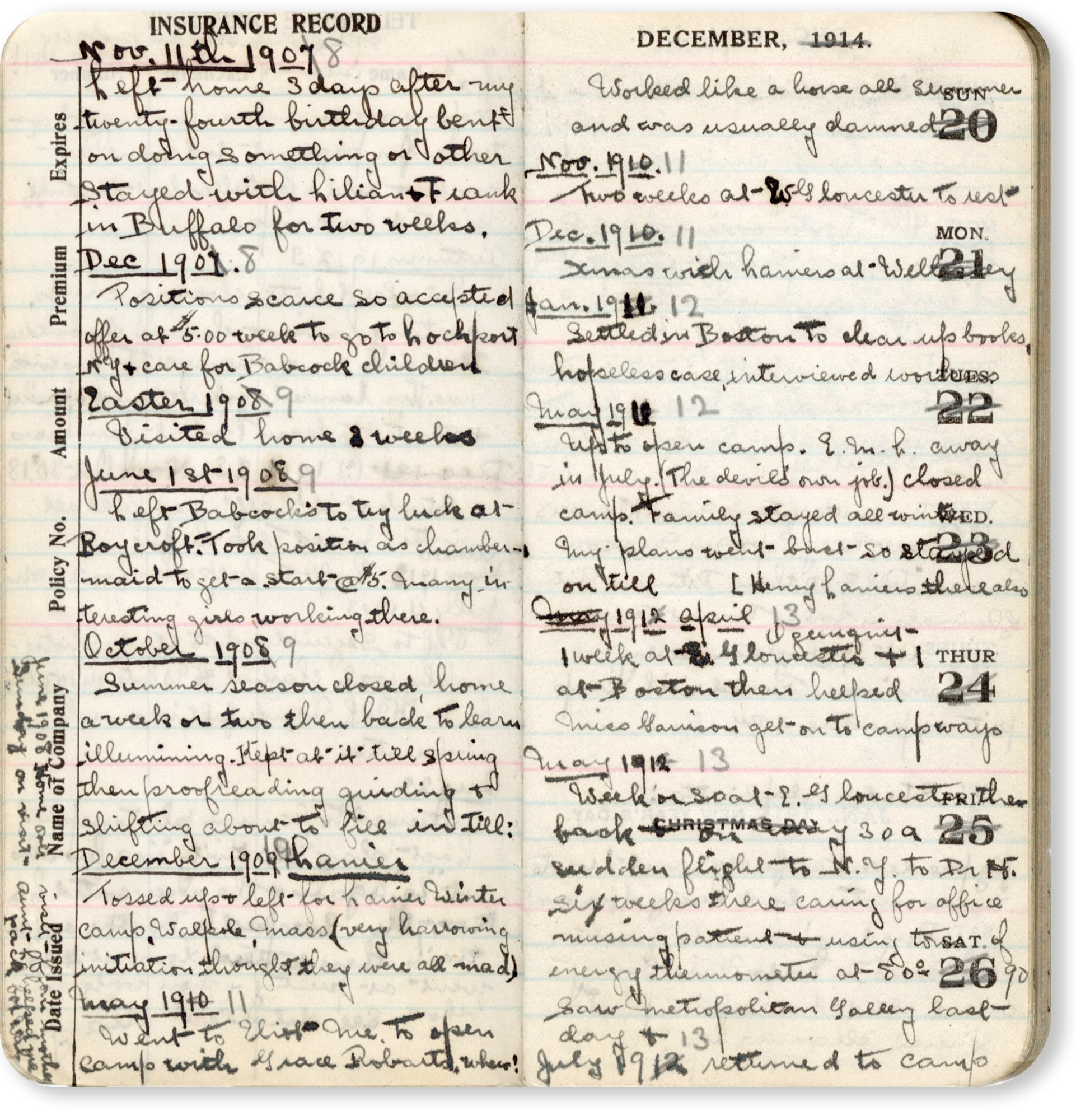 An image of Watkins's diary with handwritten text over two pages