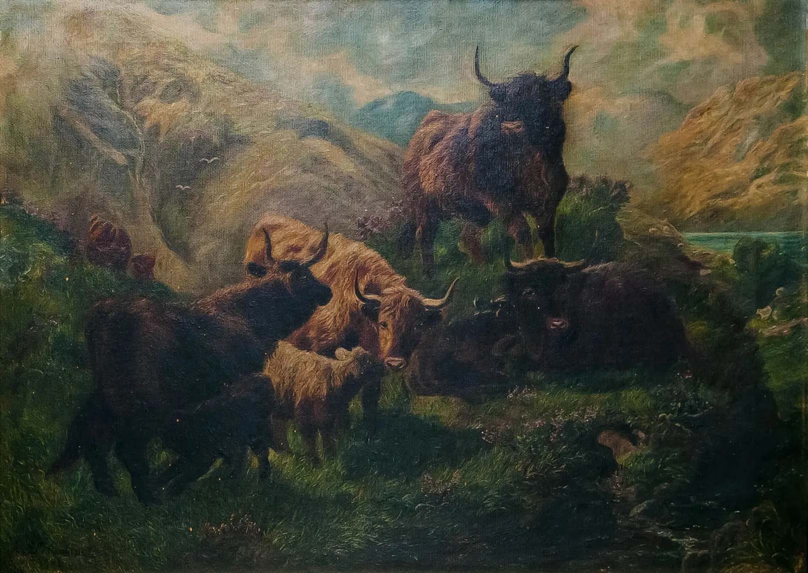 A painting of highland cattle standing on a hill